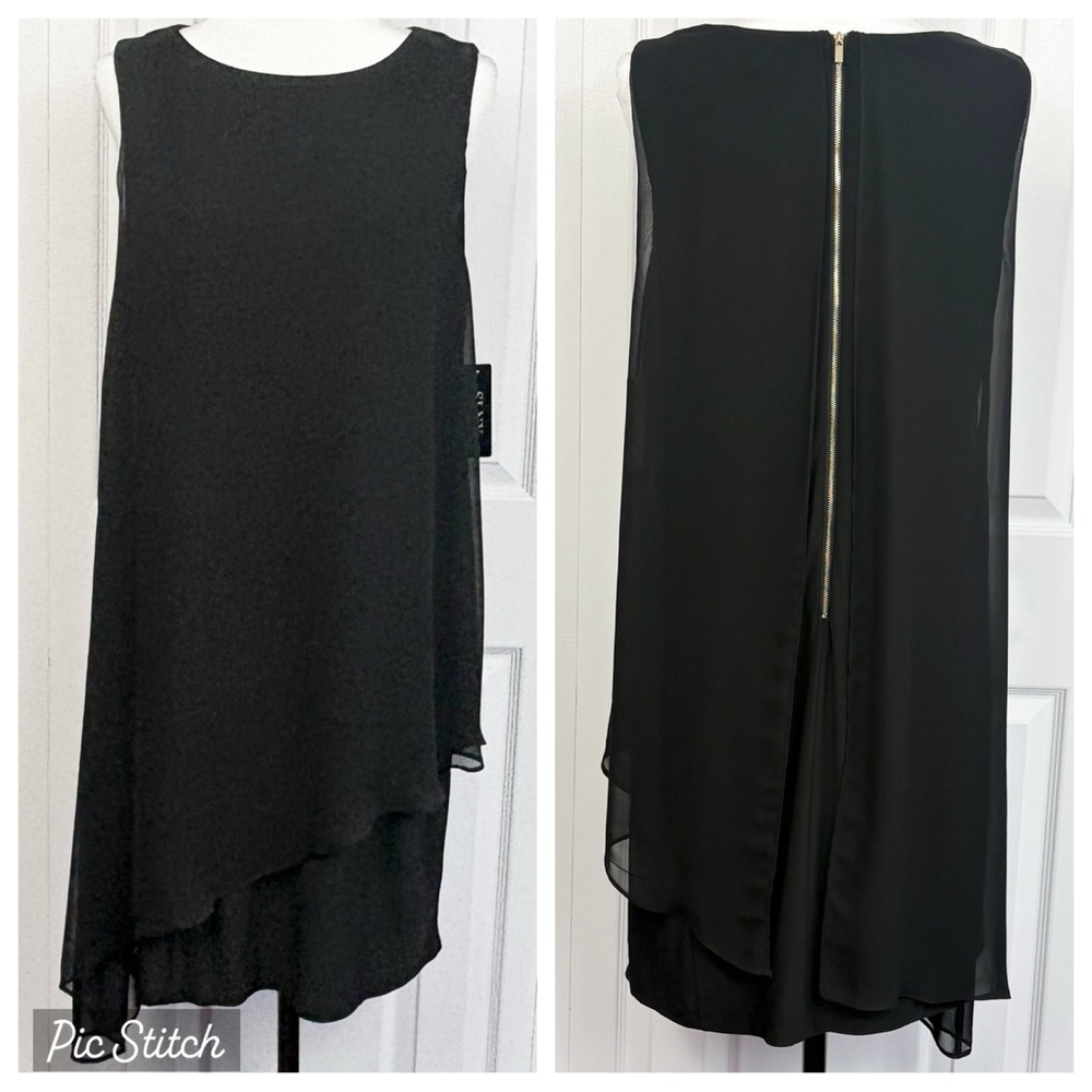 NWT SL Fashions New York Black Sheer Chiffon Layered Asymmetric Dress 14